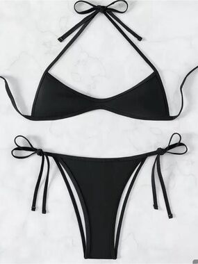 Black Tie-Side Triangle Bikini - Women Swim
